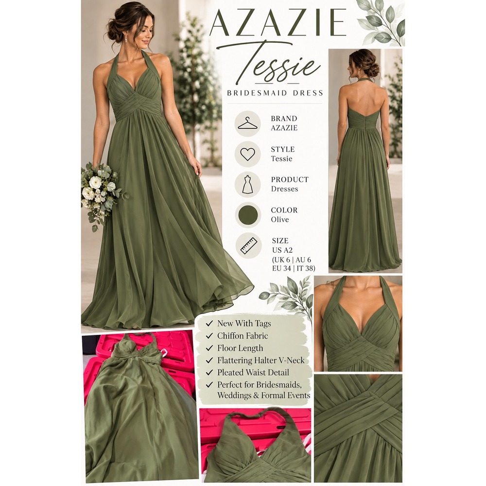 Azazie Tessie Olive Green Chiffon Halter V-Neck Pleated Bridesmaid Dress A2 NWT